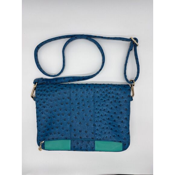 Cri De Coeur Vegan Ostrich Leather Foldover Crossbody Purse Bag Blue Green - Picture 1 of 5